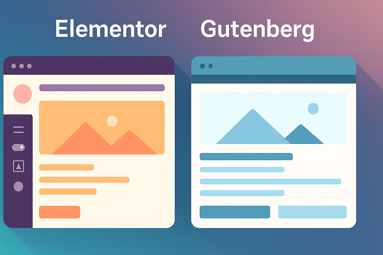 Illustration comparative entre Elementor et Gutenberg sur WordPress, avec deux interfaces stylisées côte à côte dans un format paysage étiré.
