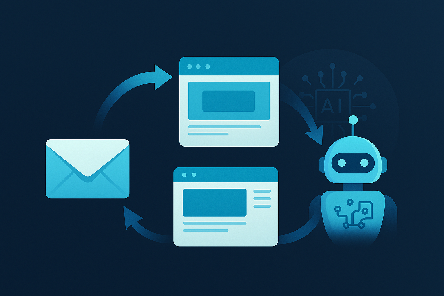 Illustration vectorielle d’un tunnel de vente automatisé par IA sur fond bleu foncé, avec icônes email, landing pages et robot connectés.