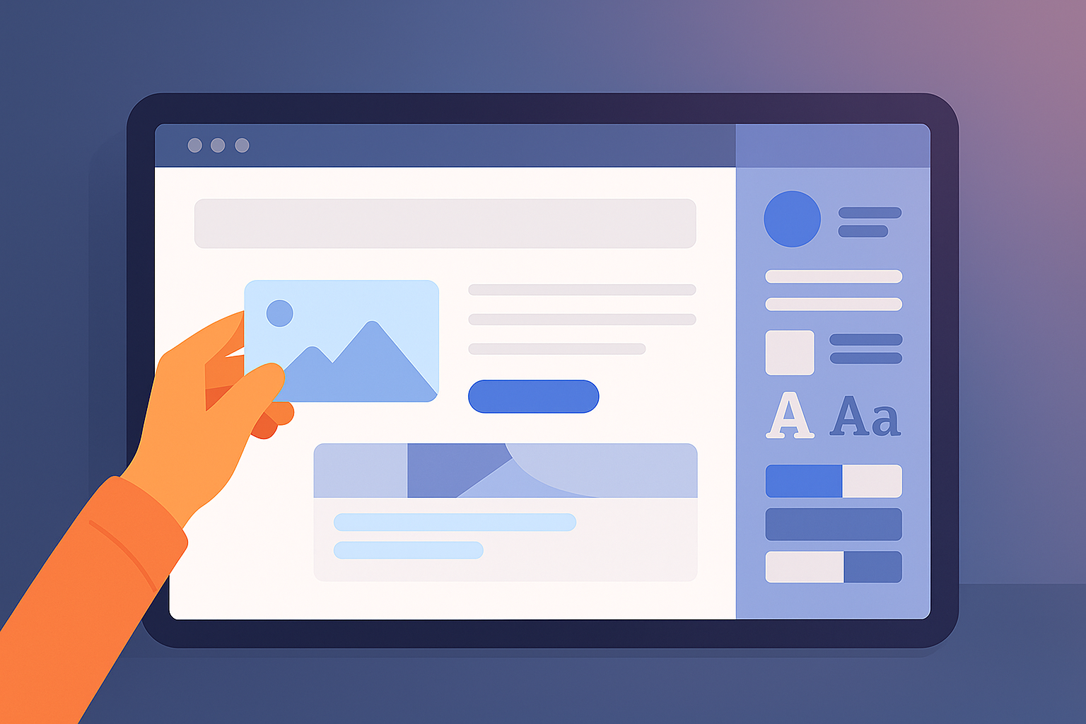 Illustration flat-style représentant un utilisateur personnalisant visuellement un site WordPress sur tablette avec une interface glisser-déposer, sans coder.
