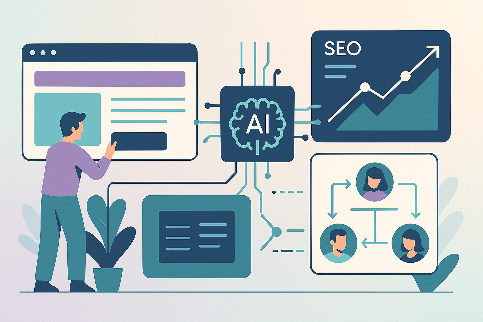 Illustration vectorielle représentant une agence web modernisée par l’IA, avec site en création, graphique SEO, cerveau connecté et schéma de conversion.