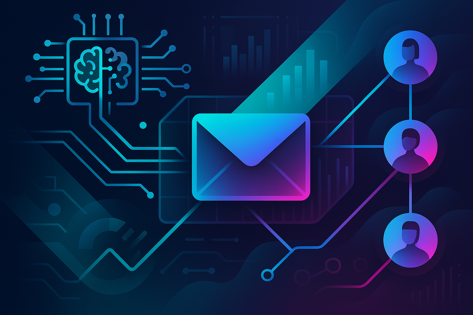 Illustration vectorielle futuriste d’un email généré par IA, avec puce neuronale, données analytiques et profils utilisateurs interconnectés sur fond tech graphique.