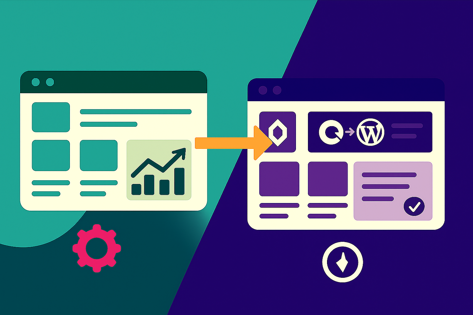 Illustration comparative représentant une migration visuelle de Shopify vers WooCommerce à l’aide d’une flèche entre deux interfaces e-commerce.