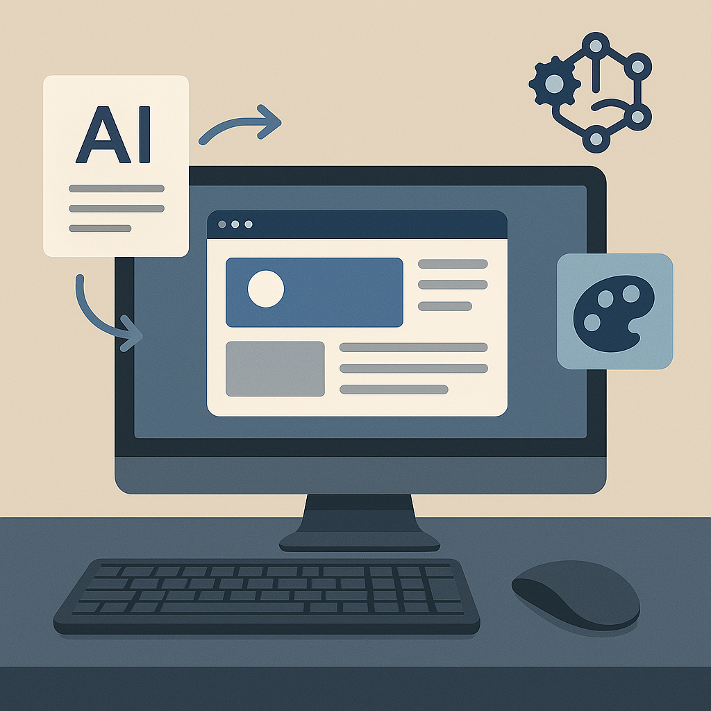 Illustration d’un écran d’ordinateur affichant un site WordPress généré avec l’IA, accompagné d’icônes symbolisant l’automatisation, le design et le contenu.