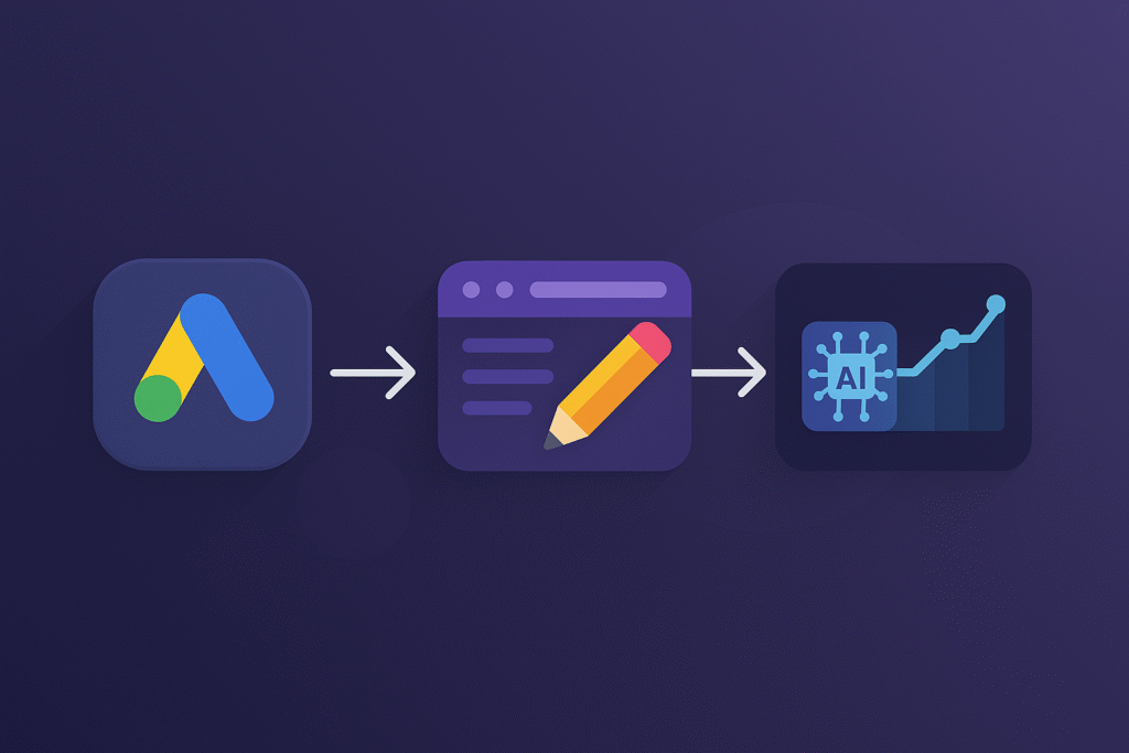 Illustration vectorielle simplifiée d’un tunnel Google Ads IA, montrant logo, création d’annonce, puis analyse IA via flèches en séquence sur fond sombre.