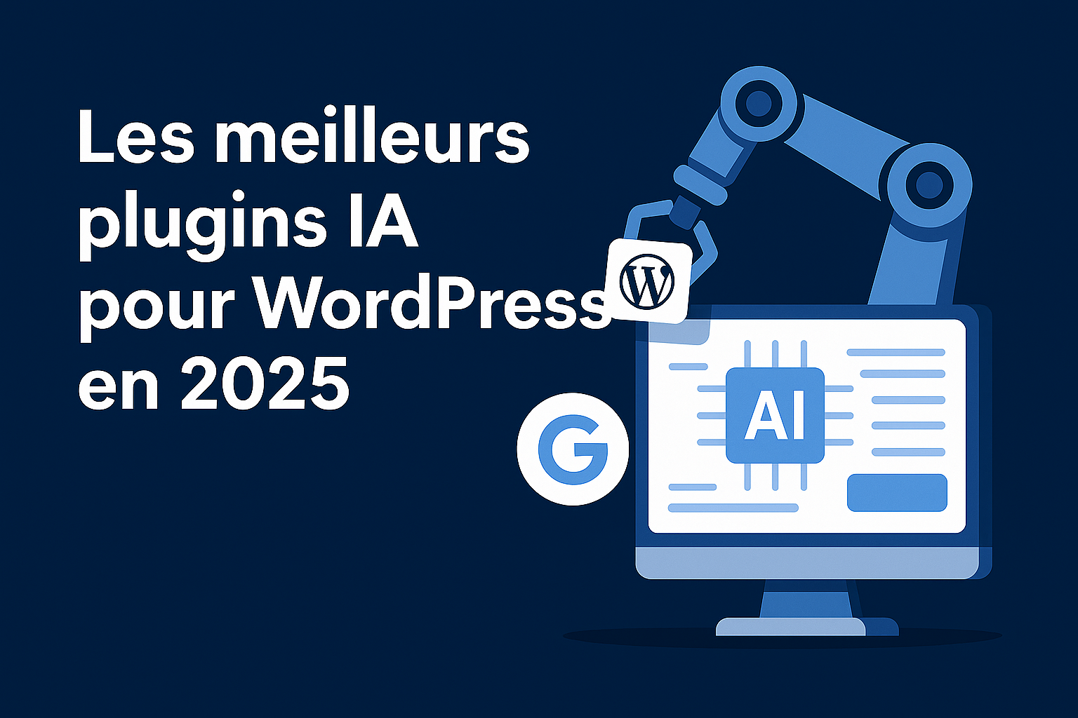 Illustration montrant un bras robotique installant un plugin IA sur WordPress, sur fond bleu épuré