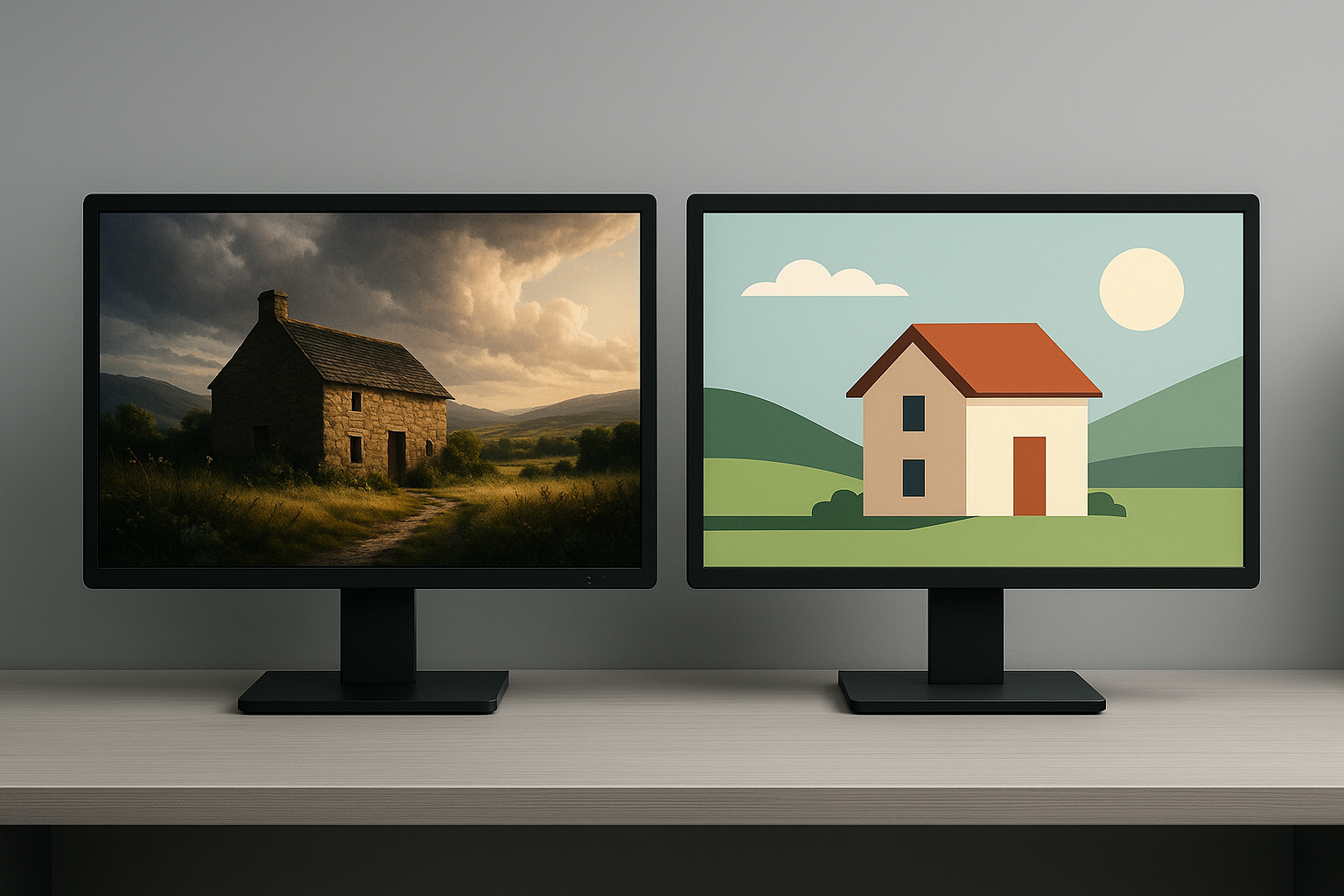 Deux écrans affichant des images générées par Midjourney et DALL·E dans un bureau au style épuré et moderne