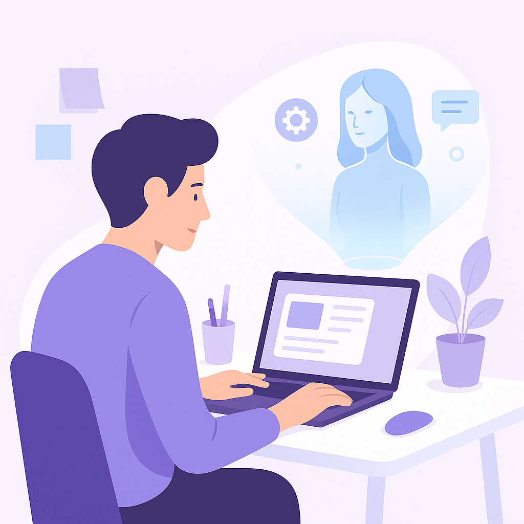 Illustration vectorielle claire et professionnelle représentant un freelance utilisant une interface IA holographique dans un espace de travail moderne et épuré, sans texte ni logo.