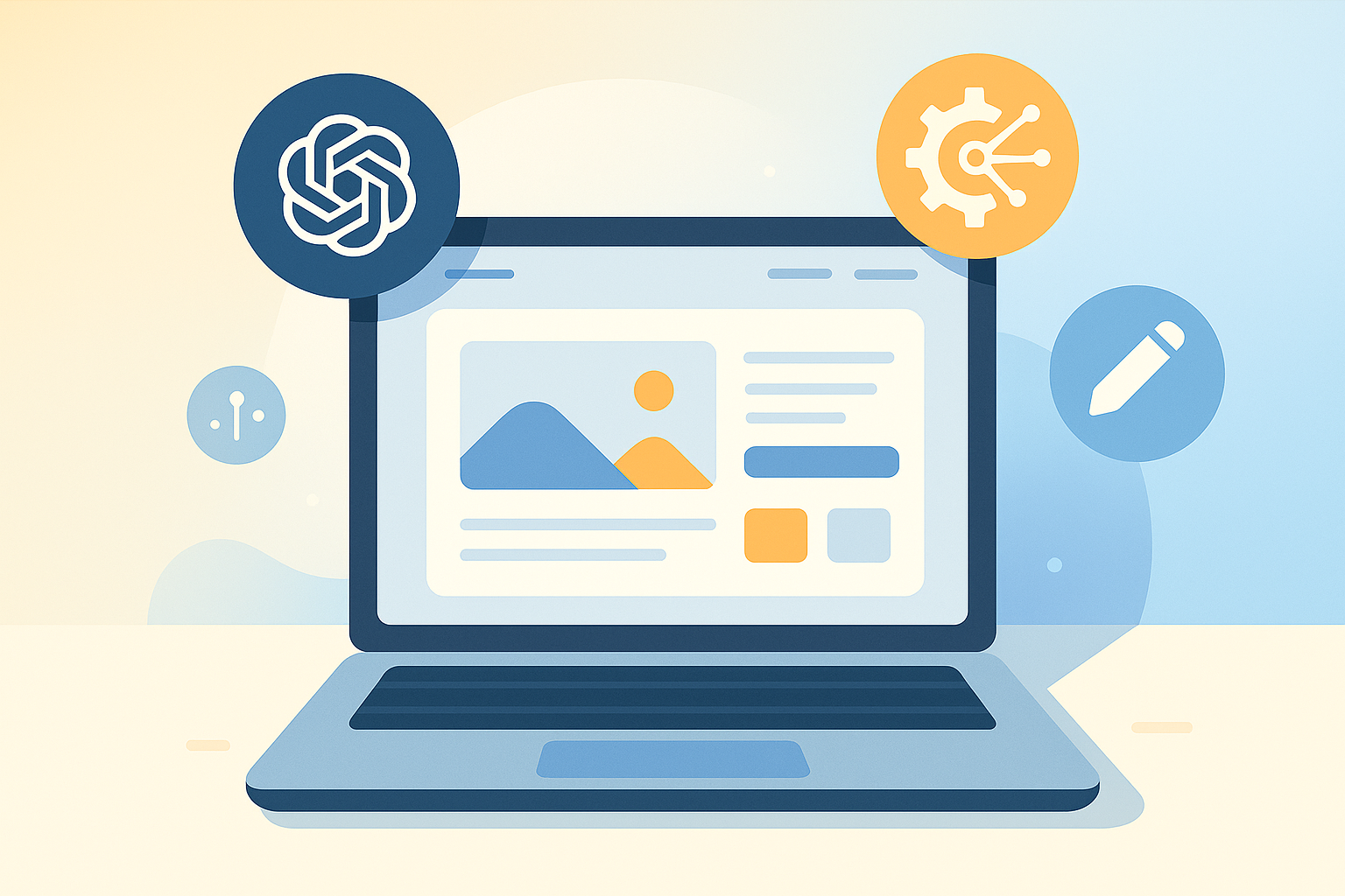 Illustration vectorielle d’un ordinateur affichant une landing page générée par intelligence artificielle, avec des icônes abstraites d’automatisation et de création de contenu.