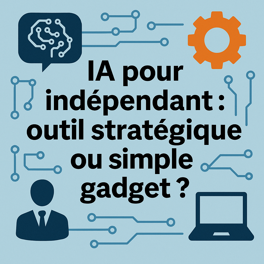 Illustration représentant l’intelligence artificielle pour indépendants, avec le titre "IA pour indépendant : outil stratégique ou simple gadget ?", entouré d’icônes symbolisant un cerveau numérique, un engrenage, un professionnel et un ordinateur.