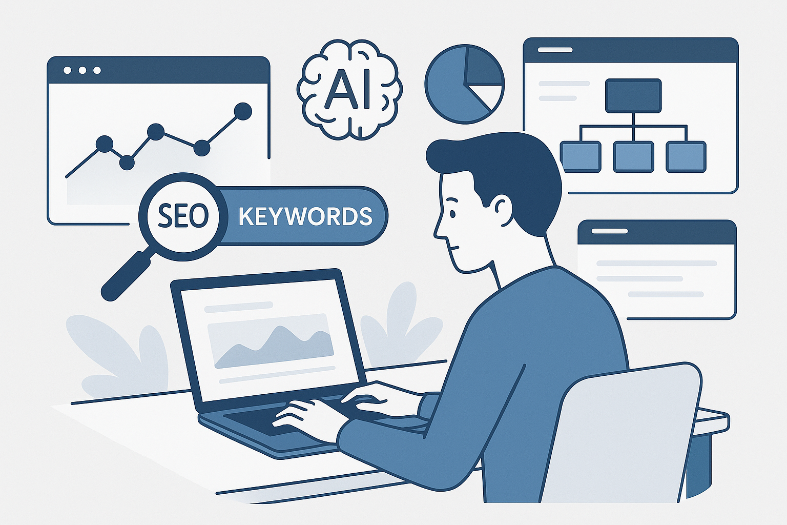 Illustration d’un utilisateur travaillant sur une stratégie SEO avec l’aide d’outils d’intelligence artificielle.