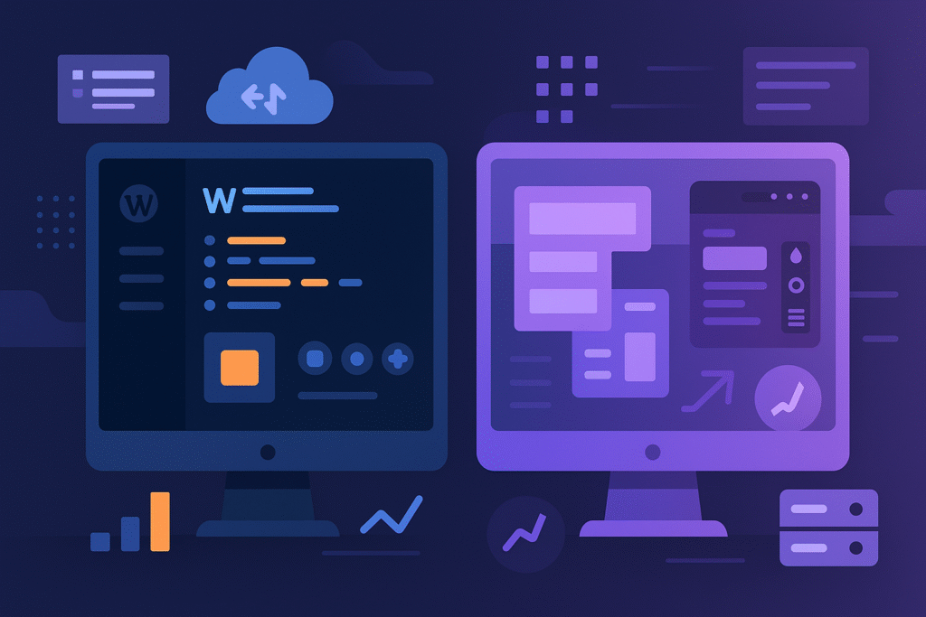 Illustration comparant visuellement les interfaces de WordPress et Webflow avec des éléments techniques et couleurs contrastées.