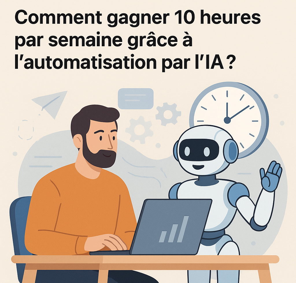 Illustration représentant un homme sur son ordinateur gagnant du temps grâce à l'IA