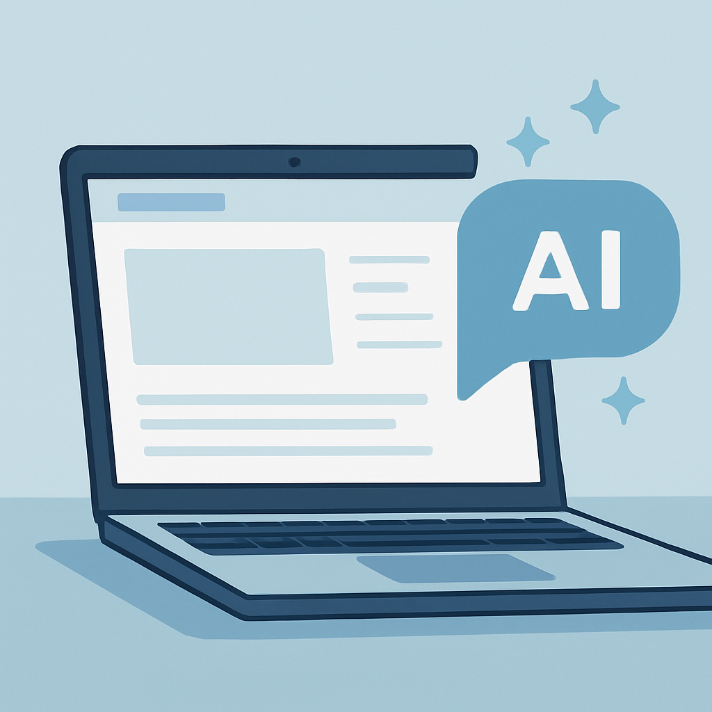 Illustration d’un chatbot IA intégré à une interface web, dans un style digital moderne et épuré, sans code apparent.