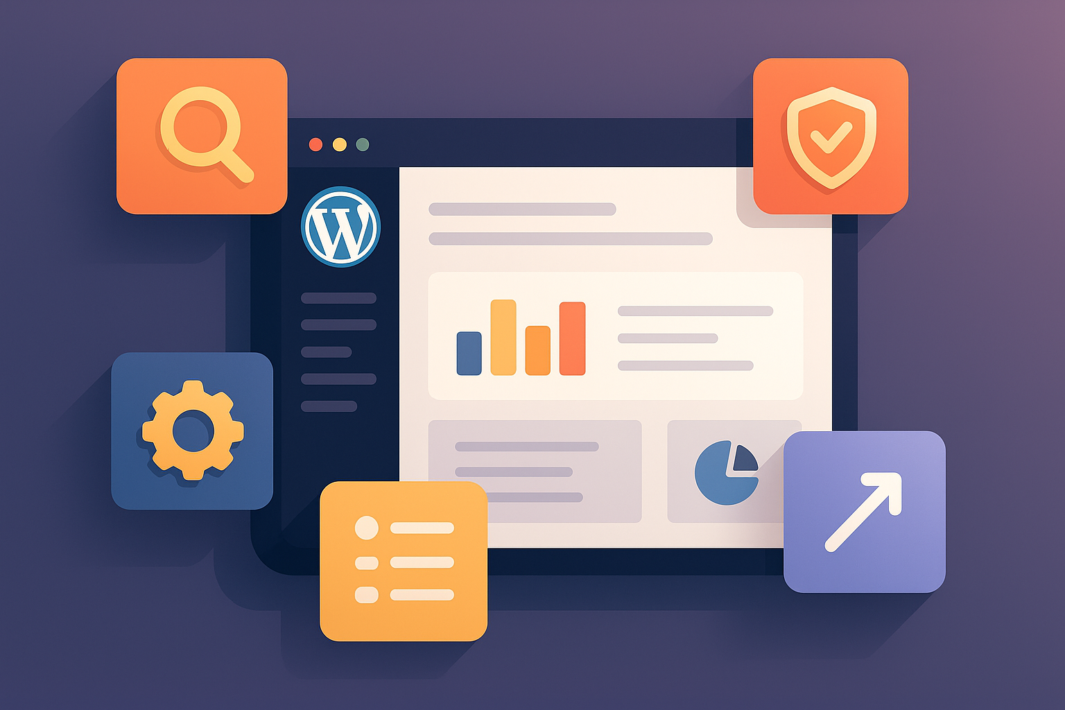 Illustration vectorielle d’un tableau de bord WordPress stylisé avec icônes de plugins SEO, sécurité, performance et statistiques.