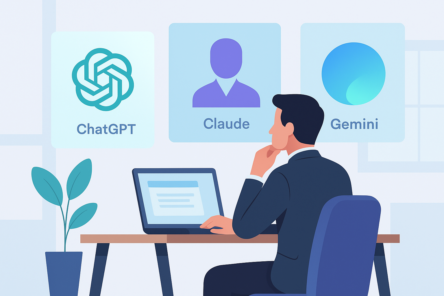 Illustration d’un professionnel comparant les assistants IA ChatGPT, Claude et Gemini dans un environnement de travail.