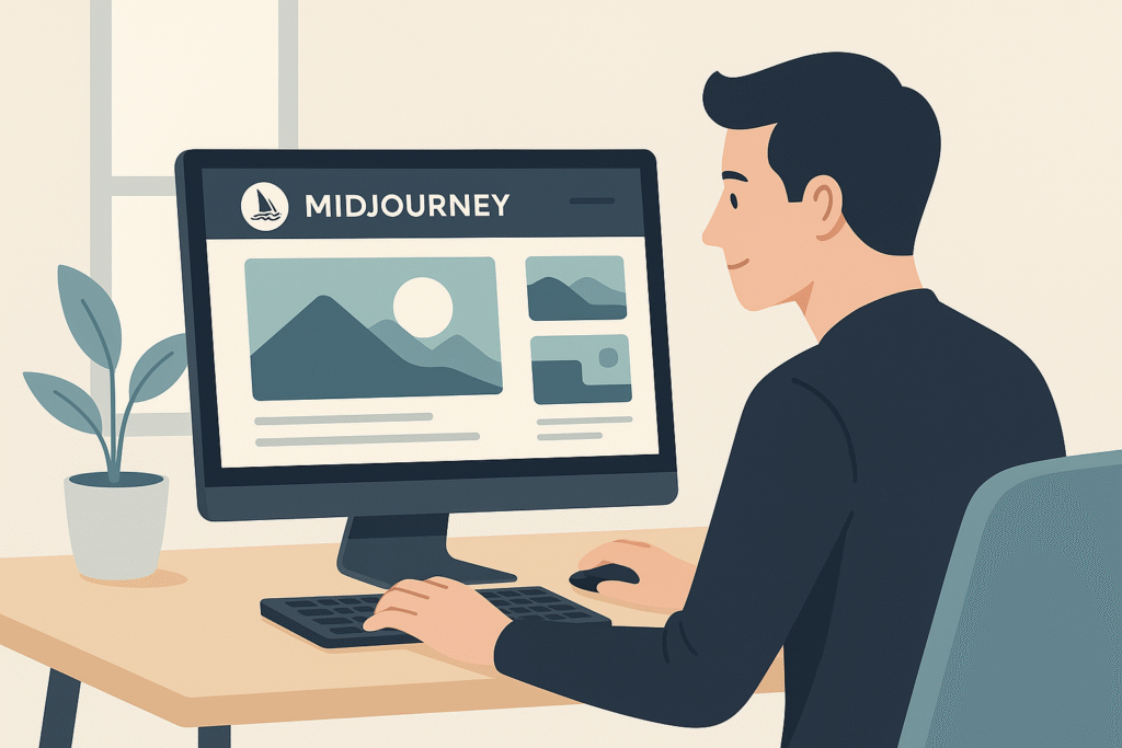 Illustration d’un designer web travaillant sur un ordinateur affichant Midjourney, dans un bureau clair et minimaliste.