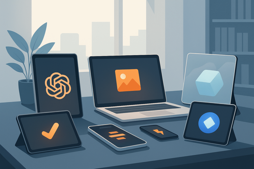 Illustration épurée représentant plusieurs outils d’intelligence artificielle dans un environnement de travail moderne : création de contenu, automatisation, visuels, collaboration et productivité.