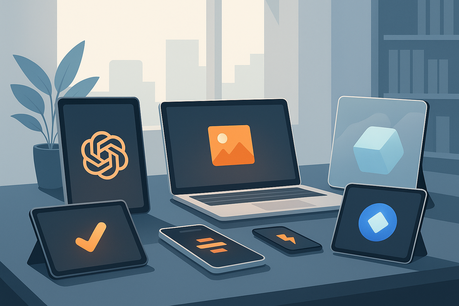 Illustration épurée représentant plusieurs outils d’intelligence artificielle dans un environnement de travail moderne : création de contenu, automatisation, visuels, collaboration et productivité.
