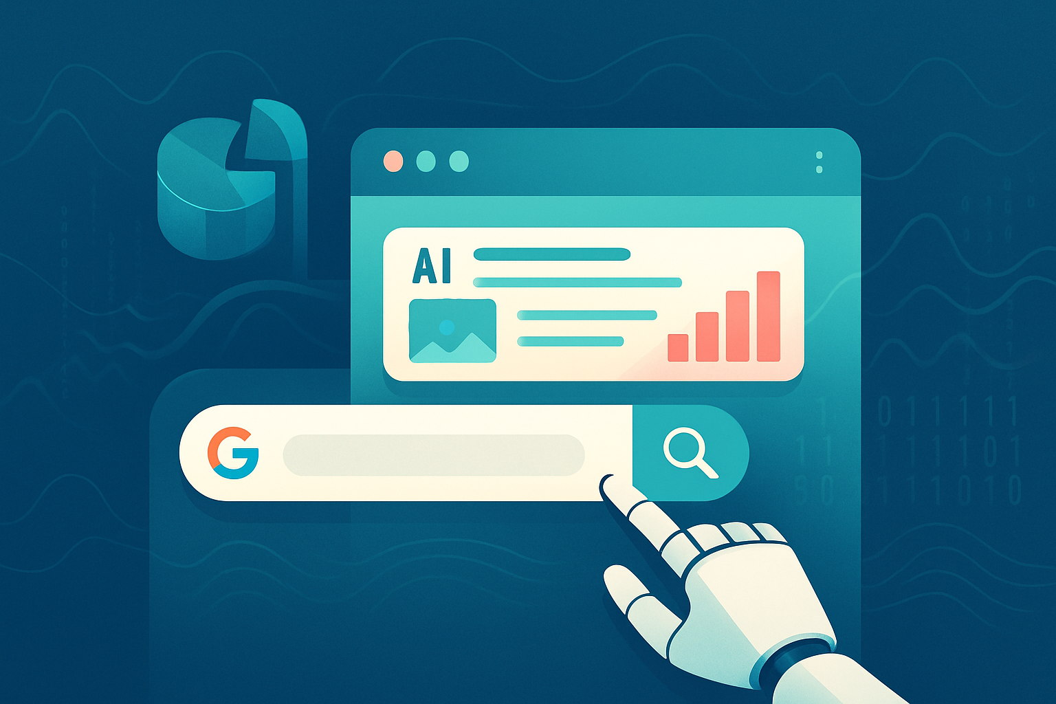 Illustration en flat design d’une interface Google futuriste avec main robotique, snippet IA et graphiques holographiques.