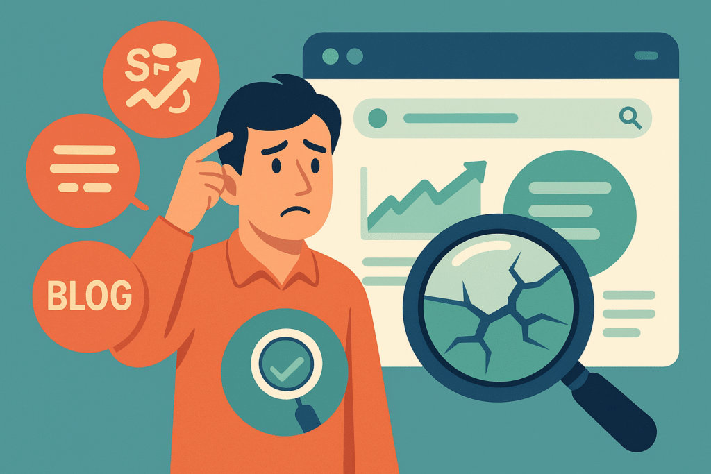 Illustration en flat design d’un dirigeant de TPE perplexe face aux mythes SEO, révélant la vérité via une loupe.