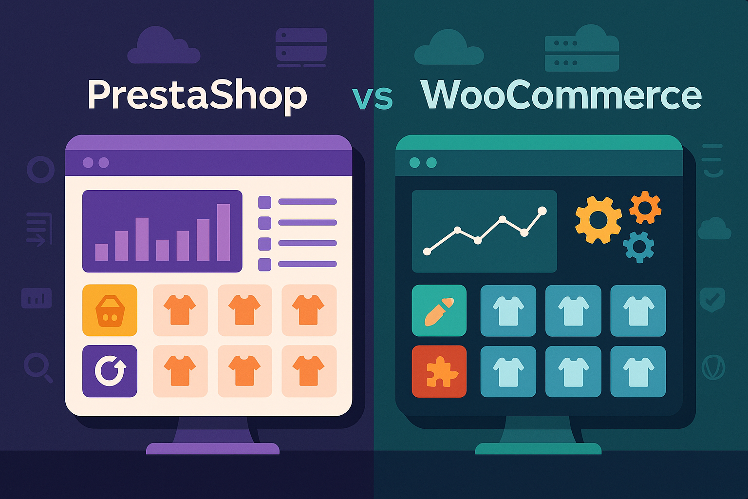 Illustration comparant visuellement les interfaces techniques de PrestaShop et WooCommerce dans un contexte e-commerce.