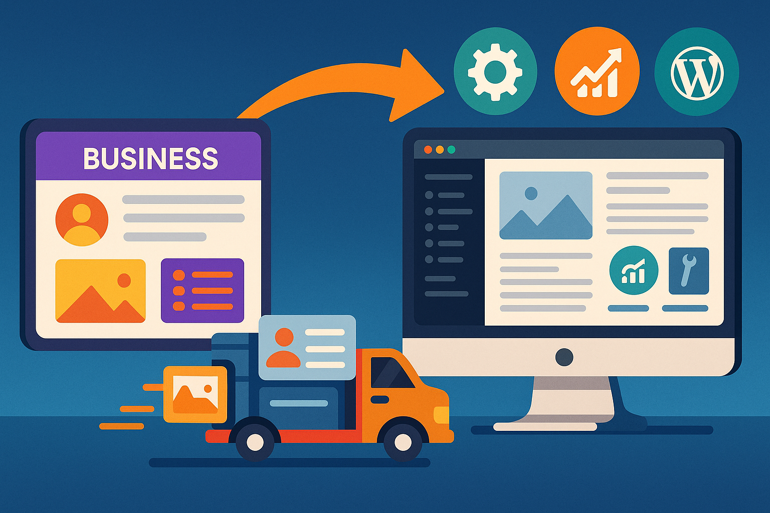 Illustration d’un site professionnel migré de Wix vers WordPress, avec icônes SEO, personnalisation et performance.