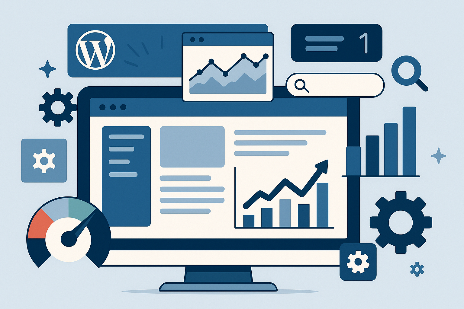 Illustration SEO technique de WordPress, avec interfaces graphiques, icônes de performance, et courbes de trafic.