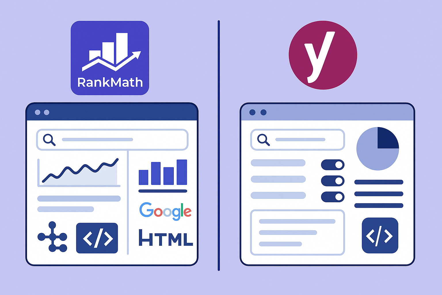 Illustration comparative entre les plugins SEO RankMath et Yoast sur WordPress, affichant leurs interfaces, logos et fonctions SEO avancées.