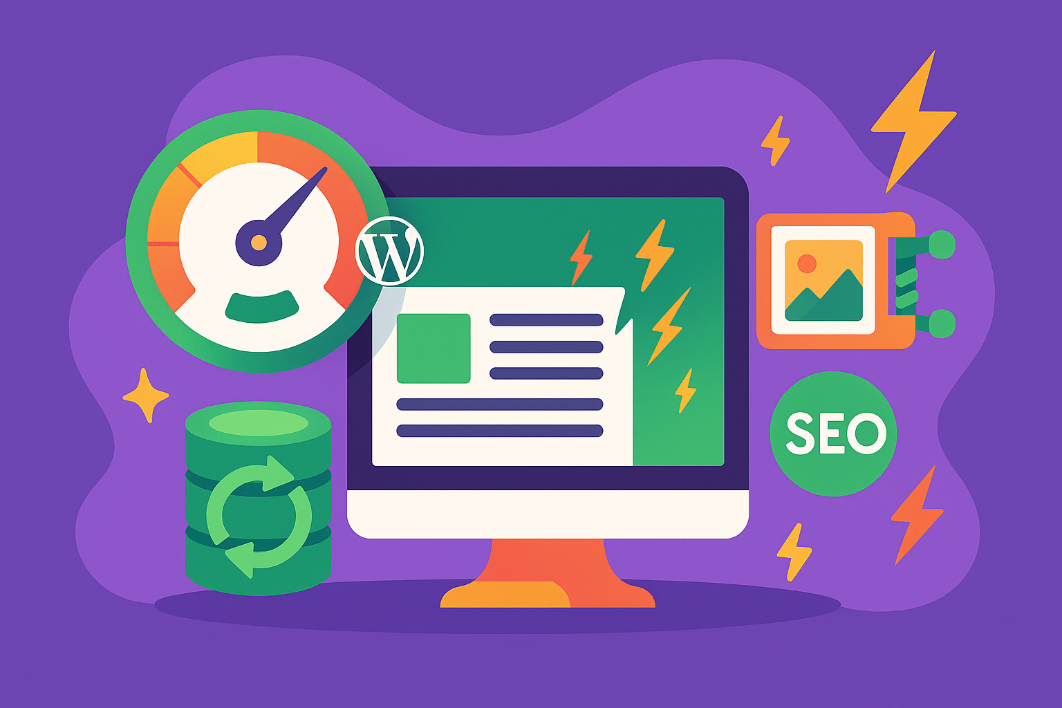 Illustration d’un site WordPress optimisé pour la vitesse et le SEO, avec tableau de bord, indicateurs de performance, éléments de cache et graphiques dynamiques.