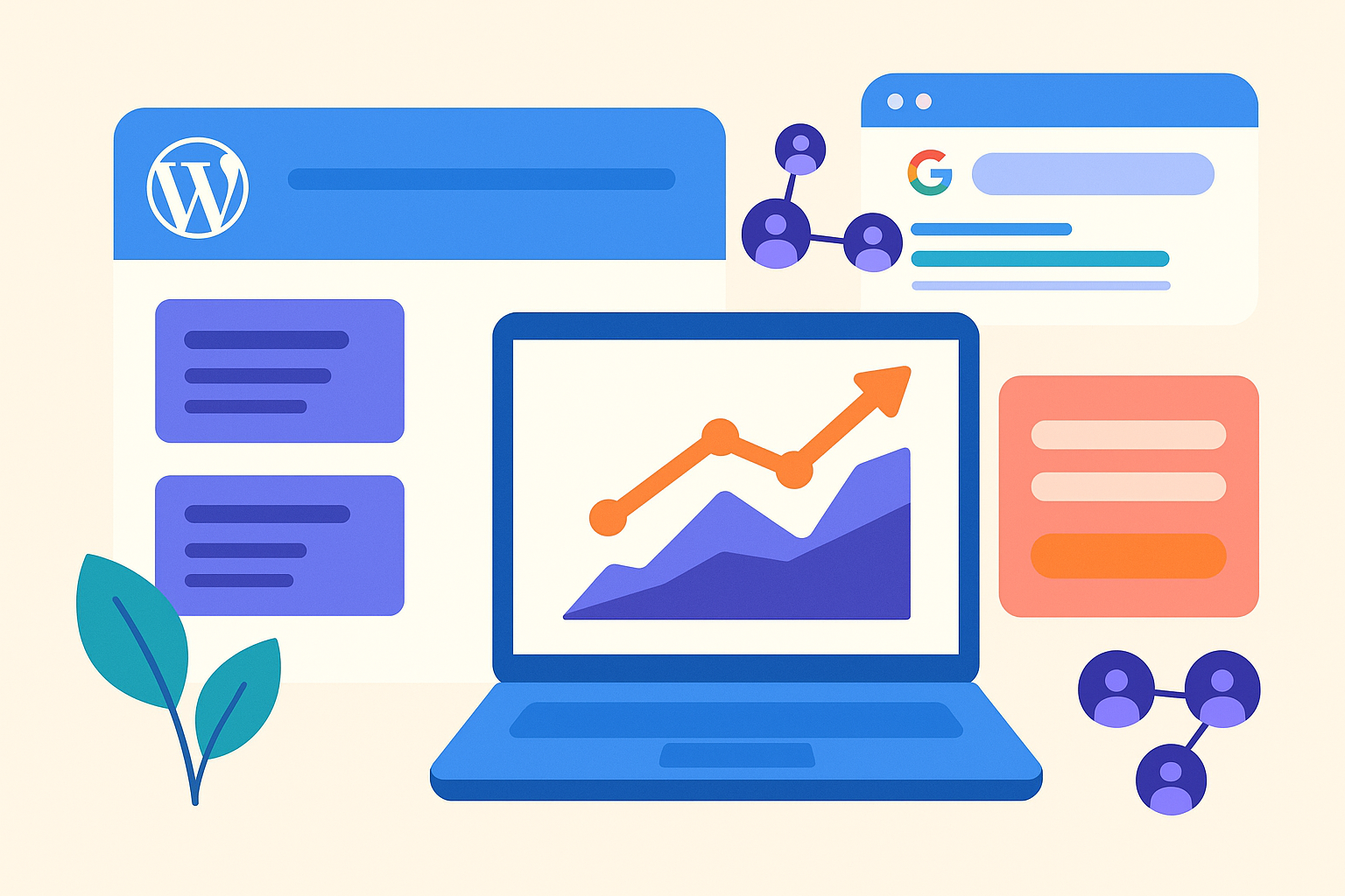 Illustration d’un blog WordPress générant des leads via le SEO, avec des contenus optimisés, des graphes de trafic, des CTA visuels et une interface Google.