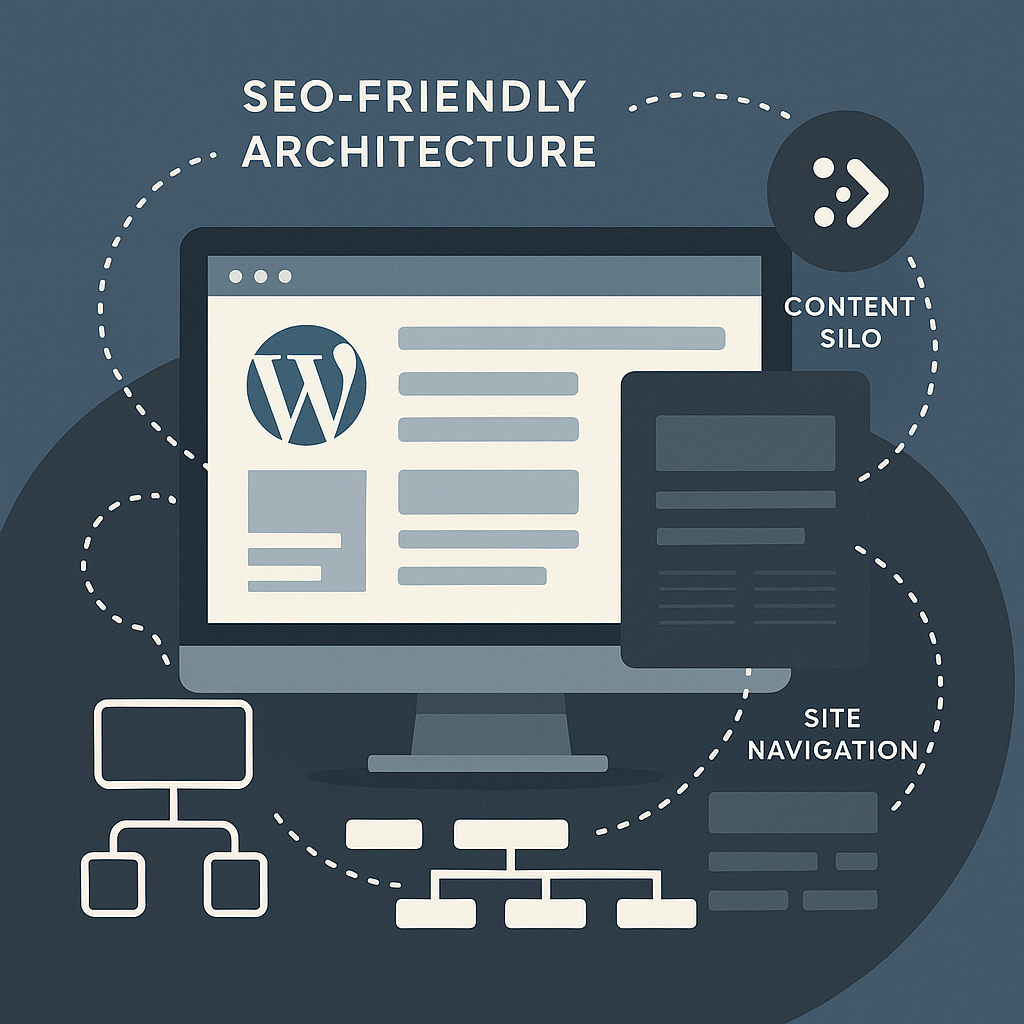 Illustration d'une architecture SEO-friendly pour un site WordPress, avec silos de contenu, arborescence, navigation et maillage interne