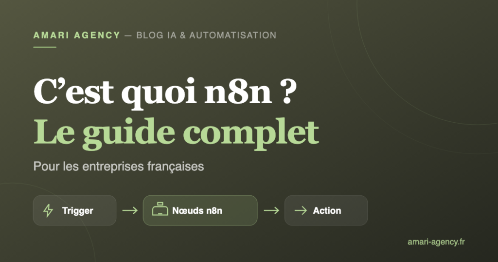 Schéma n8n : trigger, nœuds et action dans un workflow d'automatisation