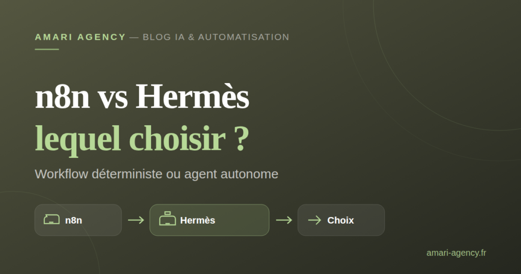Comparatif visuel entre n8n et Hermès pour choisir son outil d'automatisation IA