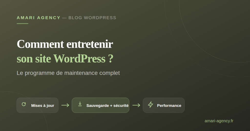 Schéma du programme de maintenance WordPress : mises à jour, sauvegarde et sécurité, performance